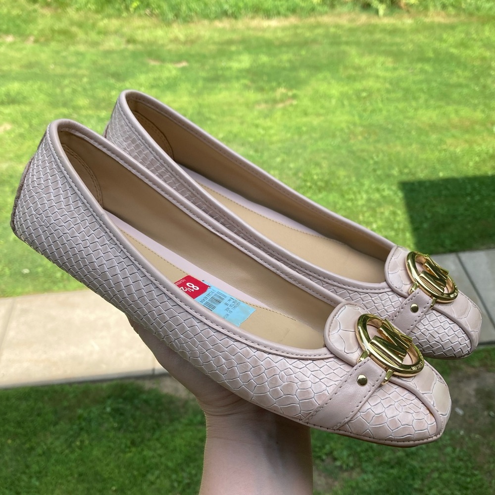 Michael Kors Fulton Pink Leather Snakeskin Ballet Flats Gold Hardware Logo - Picture 16 of 17
